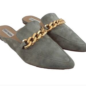 Steve Madden Sage Green Slip On Pointy Toe Mule w/ Gold Chain Detail Size 8.5